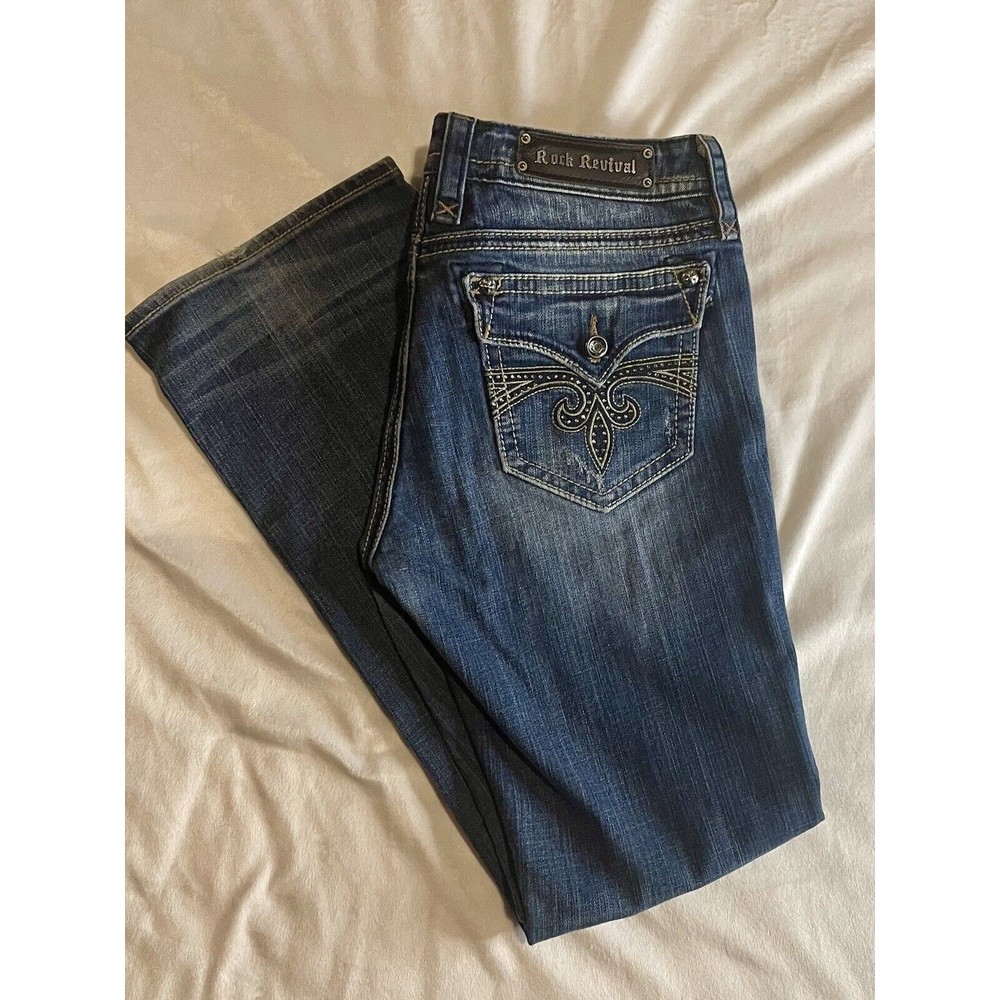 Women’s Rock Revival Sora Bootcut Jeans Rhinestone embellished pockets Size 33